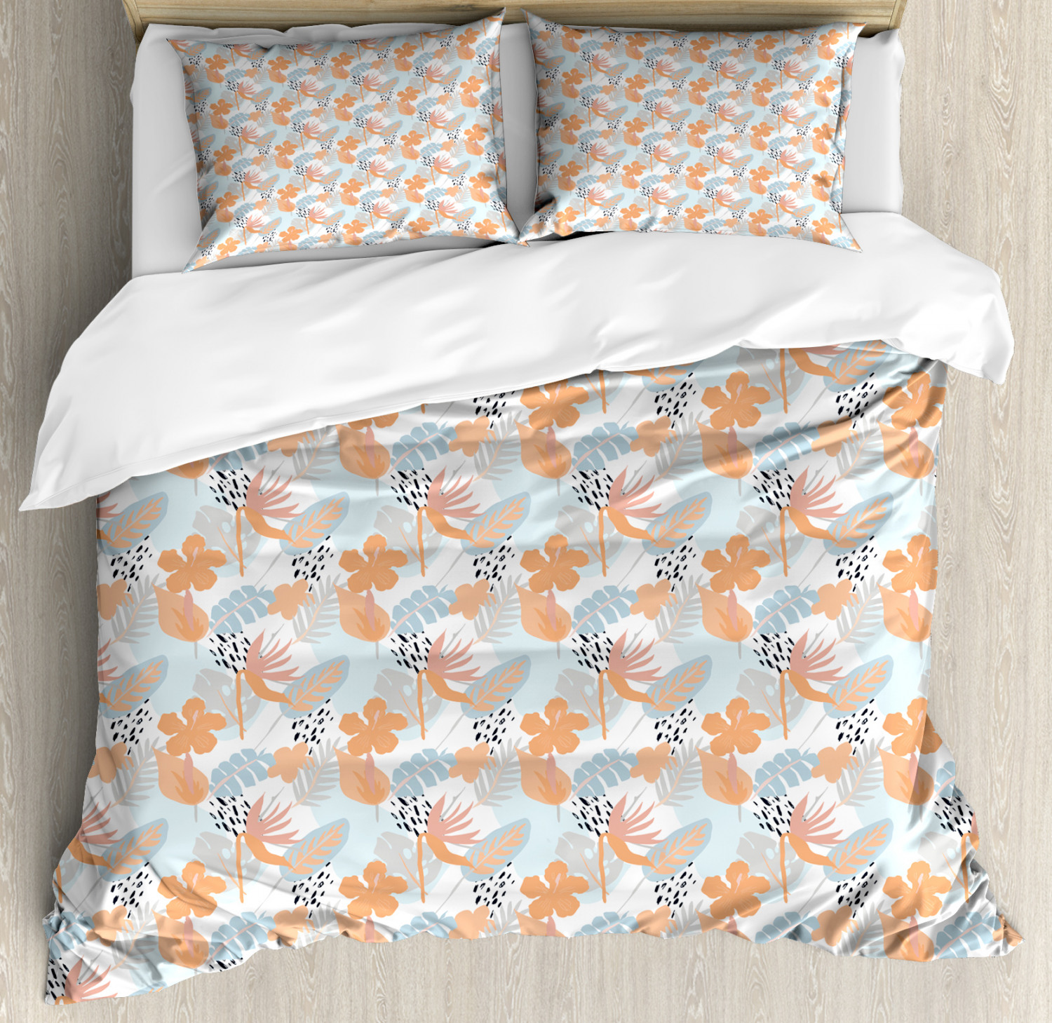 Tropical Duvet Cover Set King Size, Bird of Paradise Hibiscus Palm