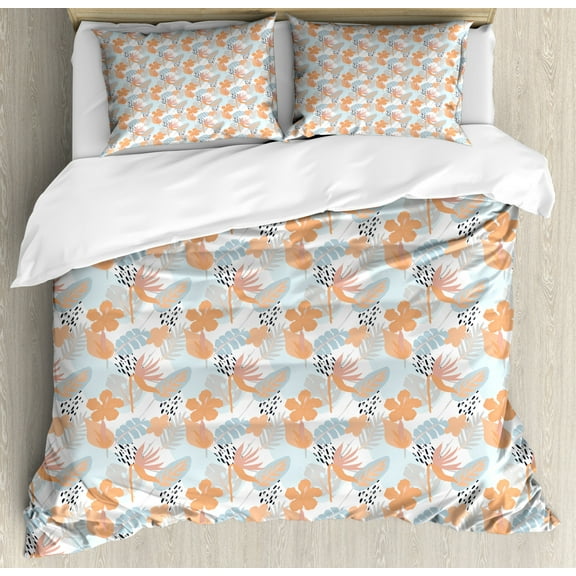Tropical Duvet Cover Set Queen Size, Bird of Paradise Hibiscus Palm Leaves and Flowers in Pastel Tones, Decorative 3 Piece Bedding Set with 2 Pillow Shams, Baby Blue Peach, by Ambesonne