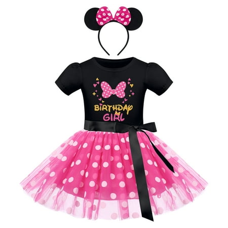 

IBTOM CASTLE Kids Toddler Girls Birthday Outfit Polka Dots Tutu Dress Mouse Ears Headband Cake Smash Clothes Set for Photo Shoot 2-3 Years Black+Hot Pink-Birthday