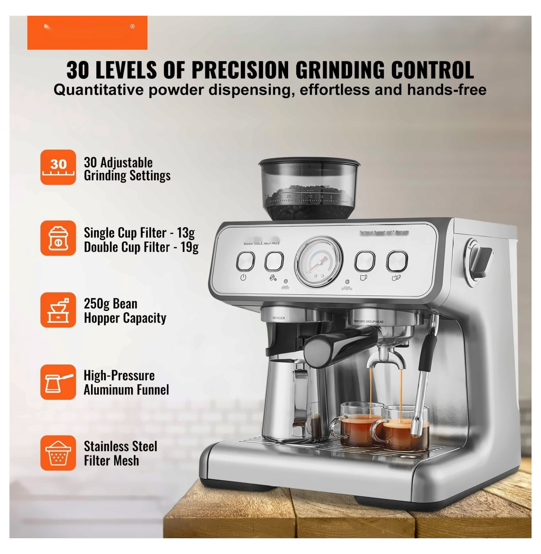 Espresso Machine with Grinder, 15 Bar Semi-Automatic Coffee Maker, Milk Frother, PID Control
