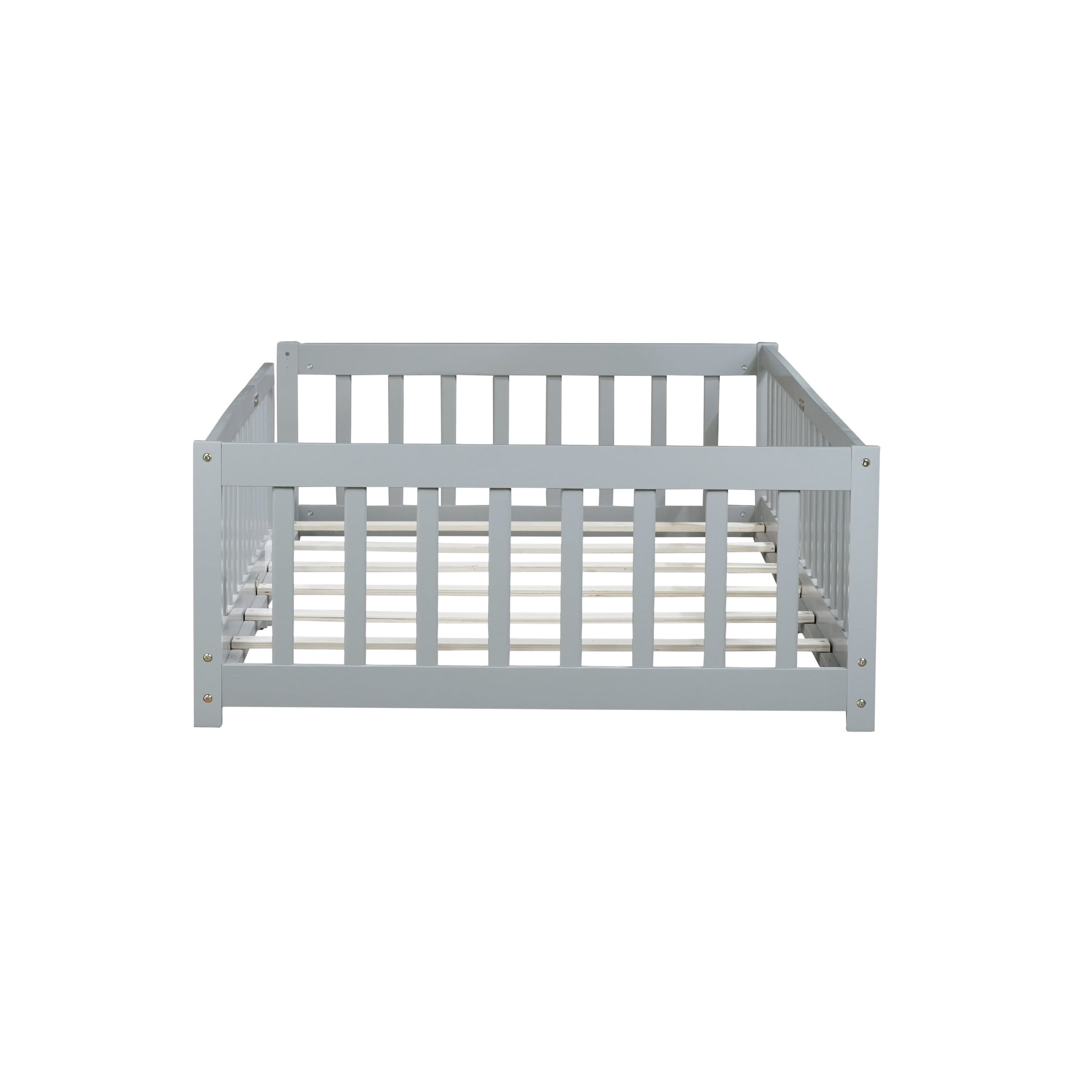 Noble House Erika Twin Floor Bed with Safety Fence, Rubber Wood Montessori Bed Frame, Kid's Room, Gray