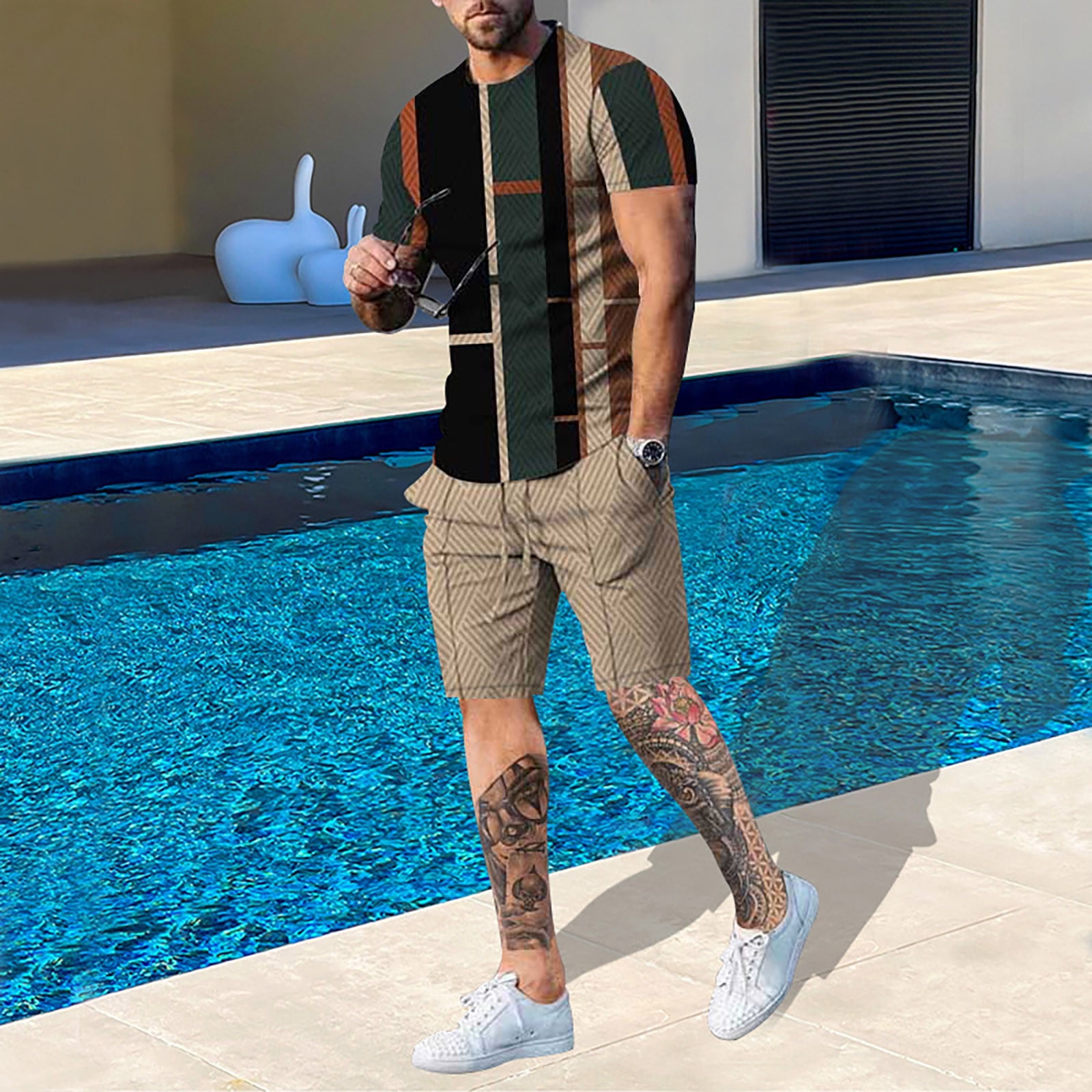 Ploknplq Mens Shorts Workout Shorts Men's Sport Set Summer Outfit 2 Piece Set Short Sleeve T Shirts and Shorts Stylish Casual Sweatsuit Set Running Shorts for Men Khaki XXL