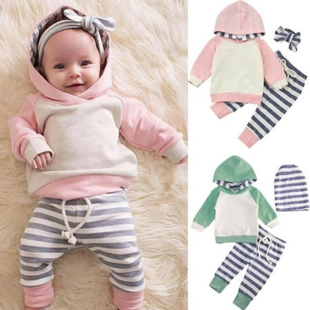 

Xinhuaya Infant Baby Boys Girls Clothes Long Sleeve Hoodie Tops Sweatsuit Striped Long Pants Outfit Set 0-24 Months