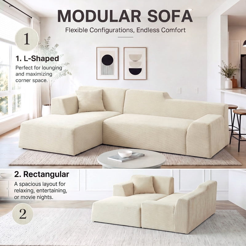 Gewnee 96" Modular Sleeper Sofa Bed, Boneless Sectional Couch with Deep Seat, Boneless Couches for Living Room, Beige（Corduroy）
