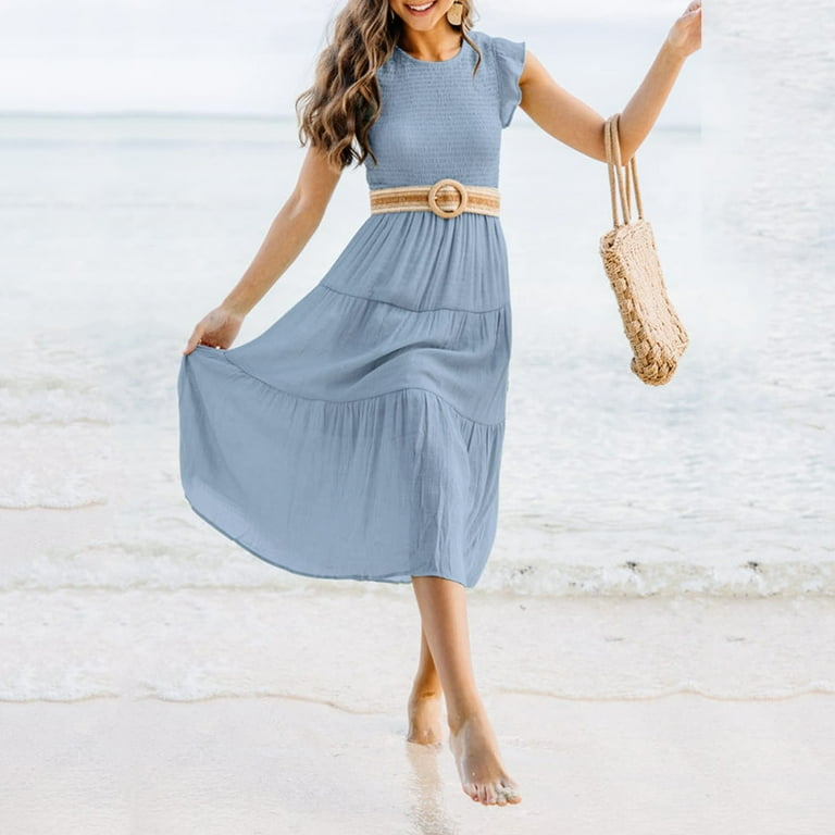 Women s Summer Casual Flutter Short Sleeve Crew Neck Smocked Elastic Waist Tiered Midi Dress High Neck Midi Dress Casual Dresses Midi Long Tan Dresses for Women Petite Summer Dresses Ruffled Dress for