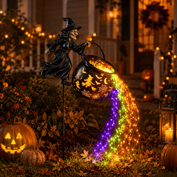 Clearance Halloween Witch Cauldron Garden Lamp, Metal Multicolor Light Outdoor Decorative Lantern, Spooky Yard Decor for Lawn Flower Bed Porch Party