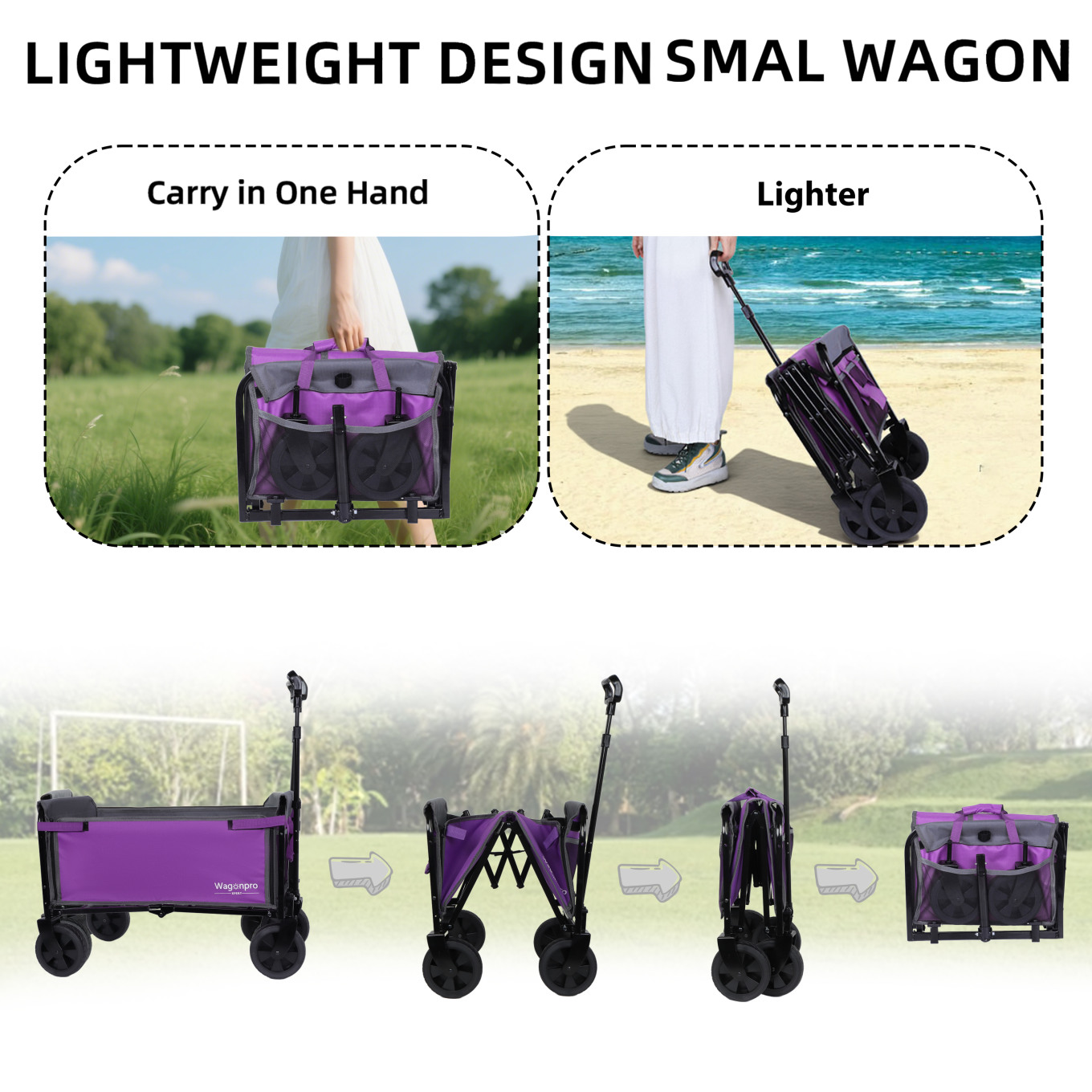 All-in-One Convertible Folding Wagon Cart with Bench Seat and Dog Leash, Heavy Duty Utility Trolley with All Terrain Wheels, Lightweight Shopping Cart for Beach, Garden, Camping, Sport, Purple