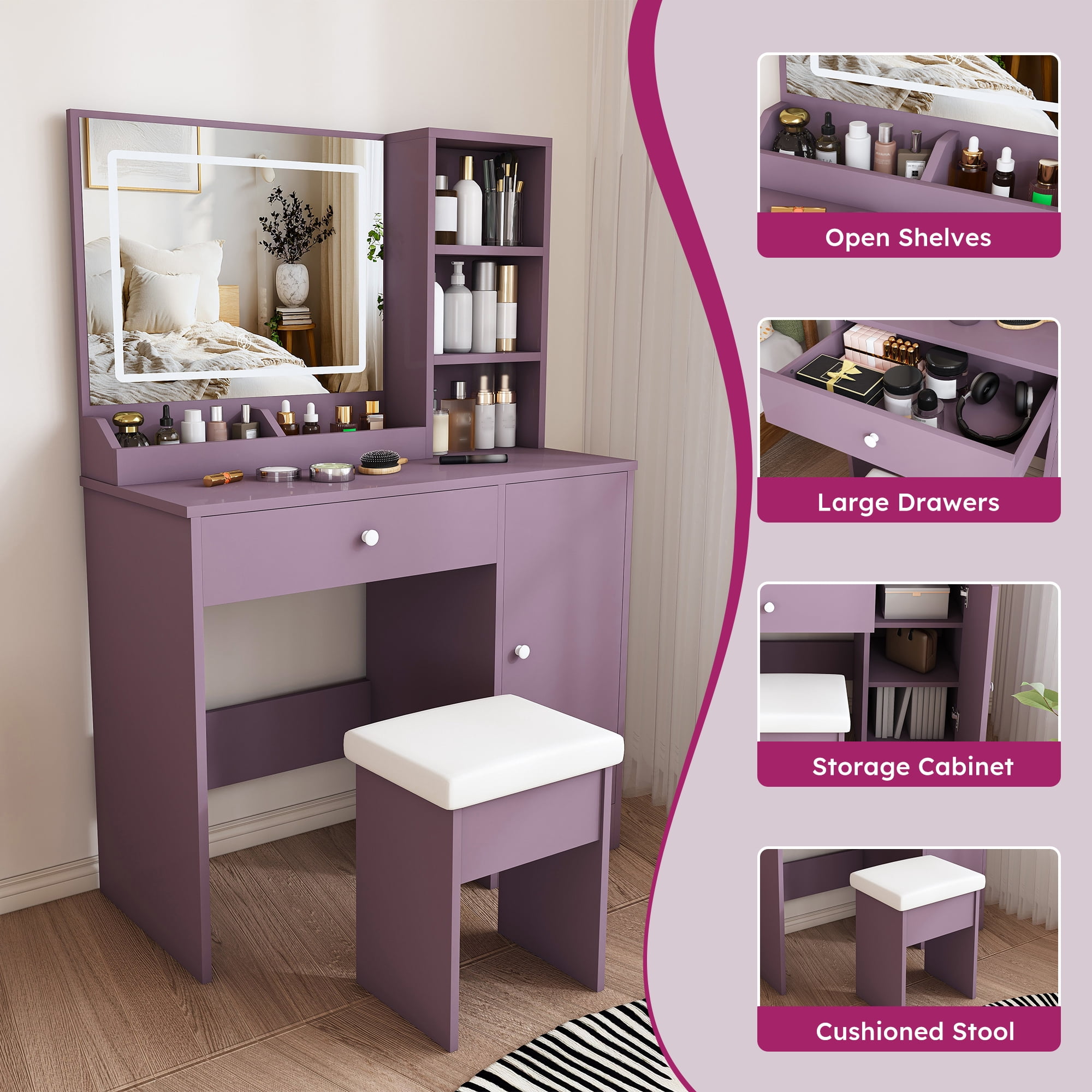 Makeup Vanity Desk Set with Padded Stool & 3-Mode Dimmable LED Mirror, Multi-Storage Modern Bedroom Dressing Table for Bedroom Apartment Dorm