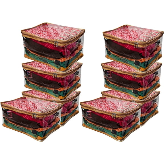 atorakushon Pack of 8 Saree Blouse Garments Storage Cover pouch Cloth Bag Full Transparent for Clear View with Zip Lock For Gown Suits Dresses (Gold)