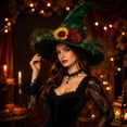 thumbnail image 4 of Cutuoiiu Women's Halloween Party Accessory Solid Color Vintage Witch Hat Floral Decor Mesh Wide Brim Hat for Halloween Dress‑Up Theme Activities, 4 of 7