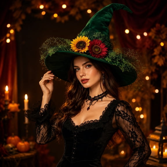 Vintage Twisted Witch Hat,Gothic Forest Style Wizard Costume Hat with Spider Web Lace Sunflower Decor,Soft Velvet Halloween Party Costume Accessory for Women