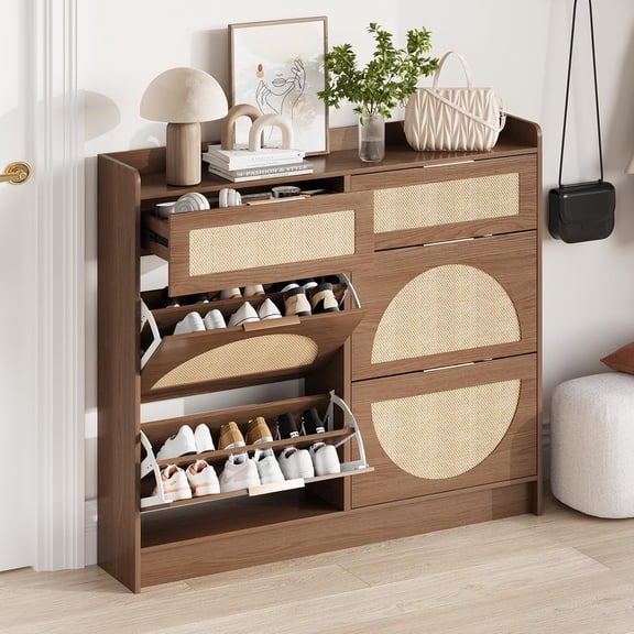 Gaderth Rattan Shoe Storage Cabinet with 4 Flip Drawers & 2 Drawers, Freestanding Shoe Organizer for Front Door Entrance, Hidden Narrow Shoe Rack Cabinet Storage for Entryway