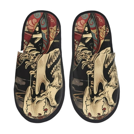 Balery Gothic Eastern Floral Skull Slient Indoor Furry Fleece Comfort House Shoes Soft Non-Slip Home Shoes Cotton slippers House Slippers-- Large