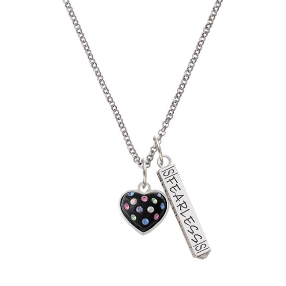 Delight Jewelry Silvertone Black Resin Heart with Tropical Crystals Silvertone Fearless Bar Charm Necklace, 23"
