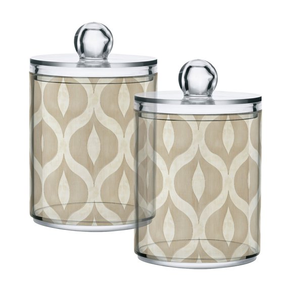 Yayeee 2 Pack Qtip Holder Bathroom Cotton Swab Canister with Lid Clear Dispenser Set, Light Brown Pattern