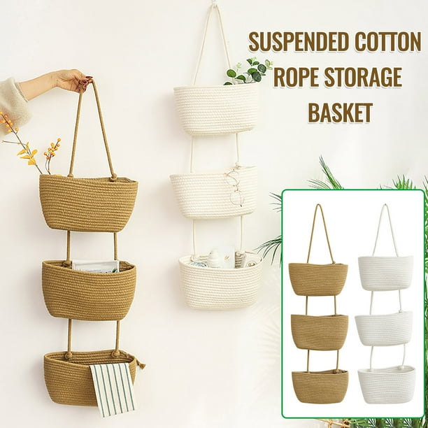 Organizador de almacenamiento para cestas colgantes de pared - Estantería de cuerda de algodón de 3 capas para puertas, paredes y armarios - puede aguantar hasta 8 libras, plegable para baño