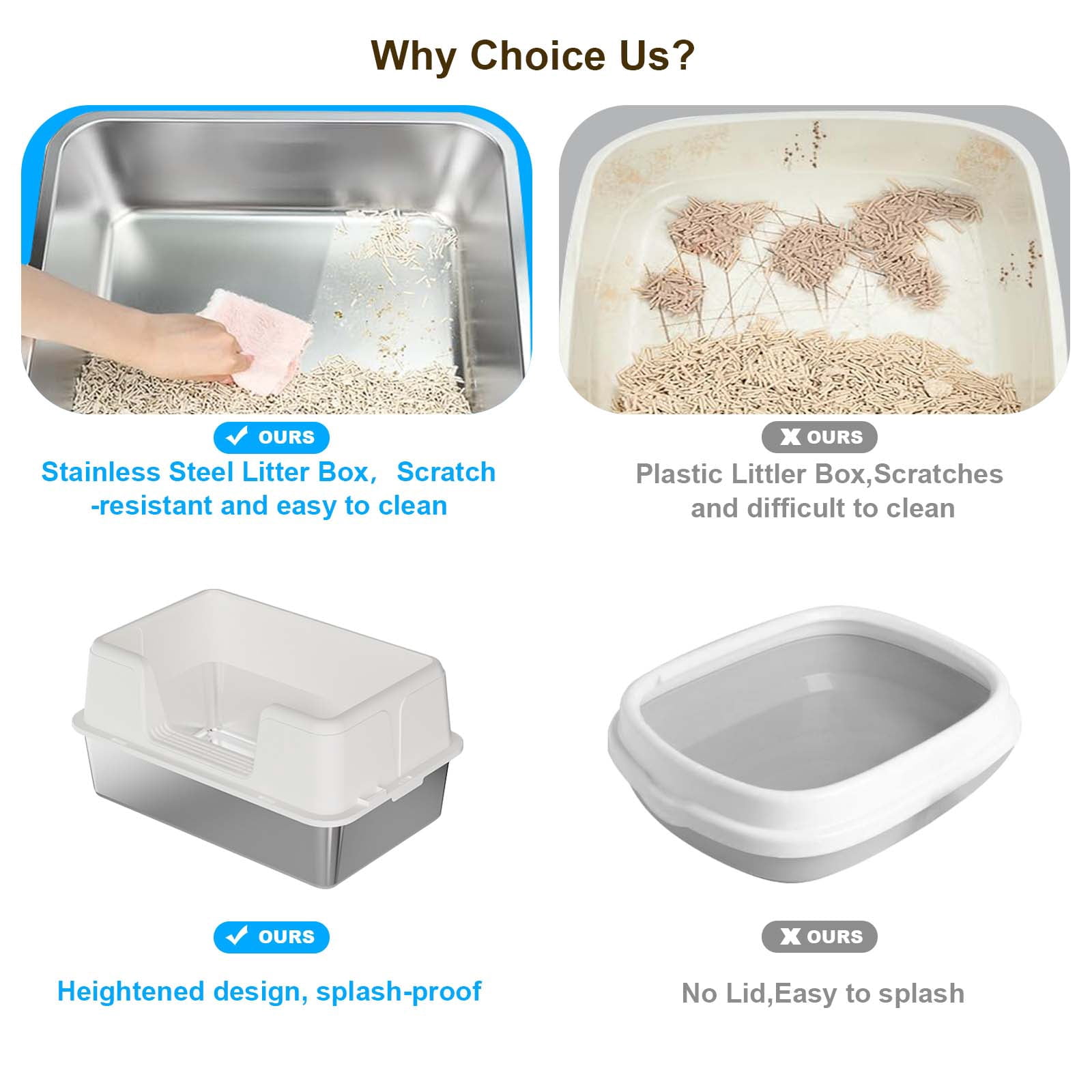 Stainless Steel Cat Litter Box with Lid – Leak-Proof & Scratch-Resistant Litter Box for Large Cats, Includes Anti-Slip Mat & Scoop, Easy to Clean