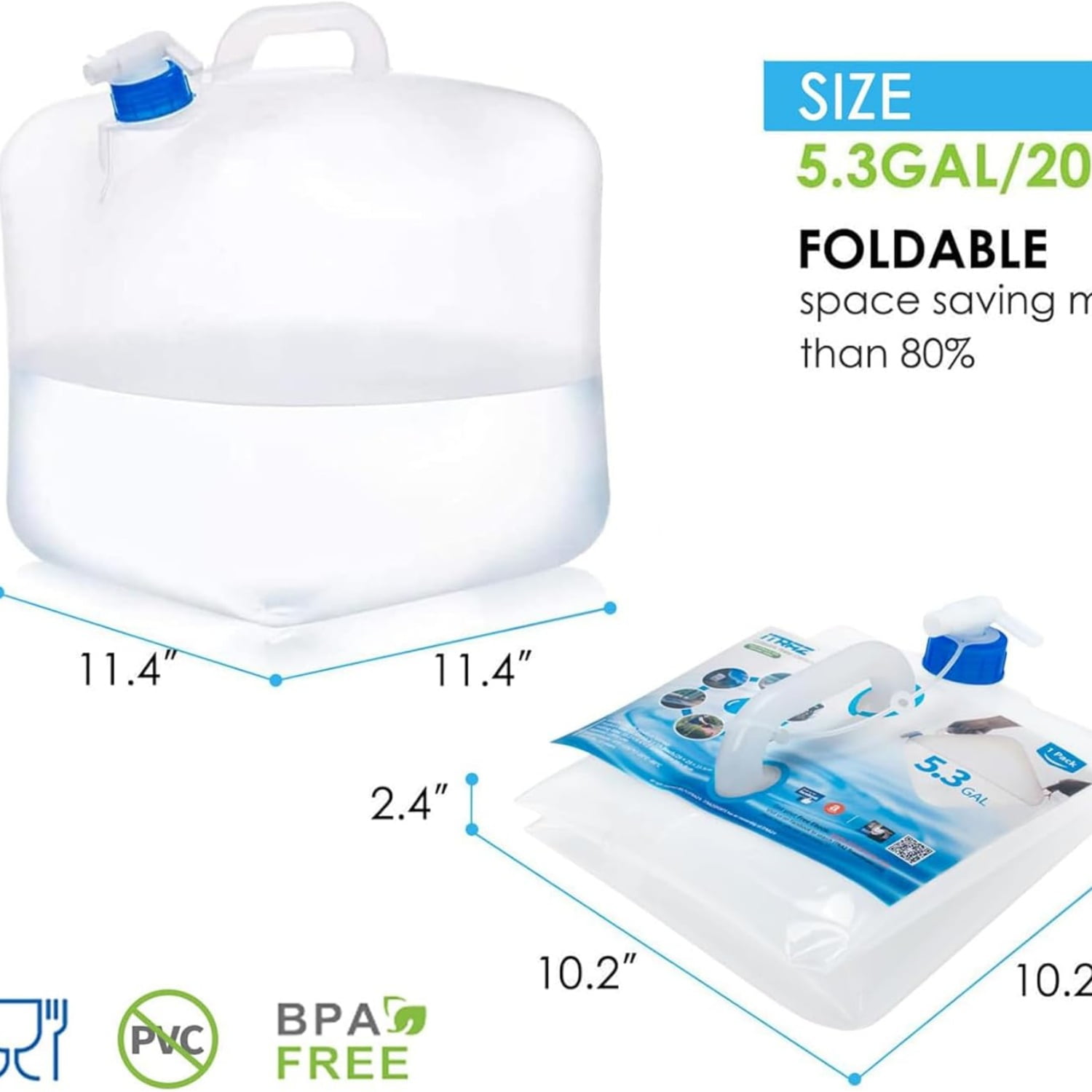 "Collapsible Water Container Jug, 4×5.3 Gallon BPA Free Camping Water Storage Canteen with Spigot, for Hiking Backpack RV Outdoors & Emergency, Portable Survival Kit - Food Grade Transparent PE "