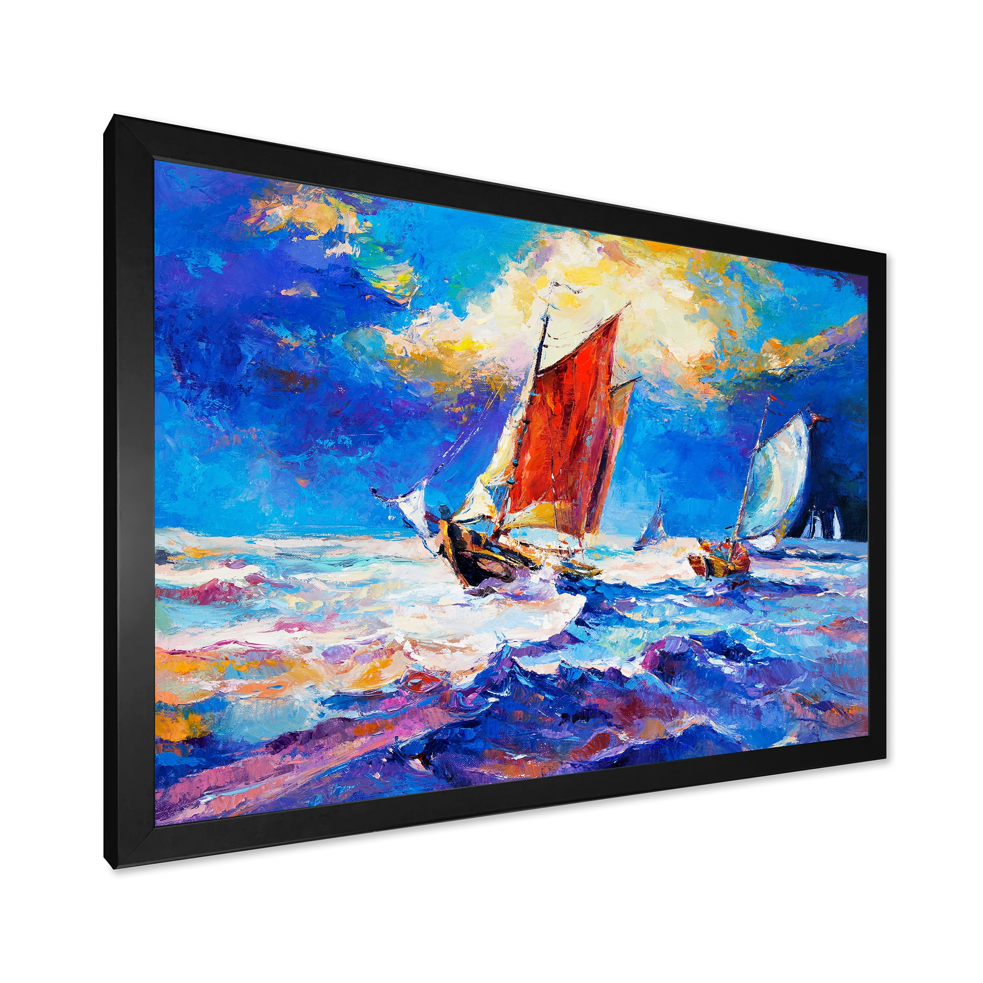 Sail ships On The Ocean Waves During Evening 40 in x 30 in Framed Painting Canvas Art Print, by Designart