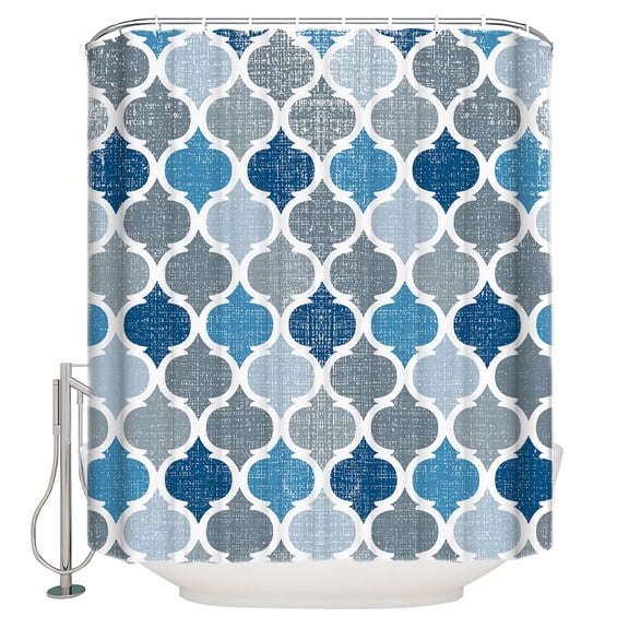 Blue Grey Shower Curtain, 36" x 72", Geometric Morocco Quatrefoil Lattice Waterproof Bathroom Curtain Washable Shower Curtain Set with 12 Hooks