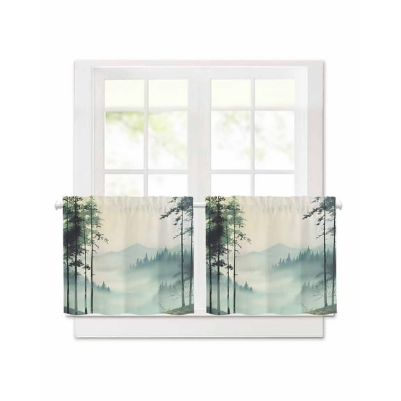 Forest Mountain Landscape Short Blackout Curtains 30Inch Long Foggy Retro Watercolor Rod Pocket Kitchen Curtains, 2 Panels Thermal Insulated Room Darkening Drapes for Bedroom, 30"W x 30"L