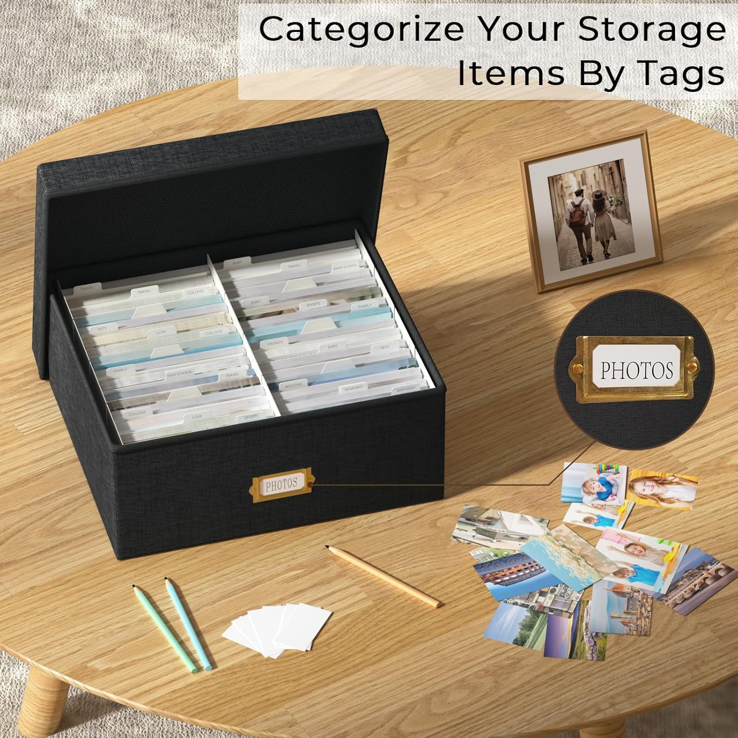 Decorative Photo Storage Box - 2 Pack Linen Photo Box Organizer with Dividers, Fits Holds  to 1700 Pictures and 4x6 Photos, Memory Keepsake Organizer for Scrapbook Supplies, Cards, Stamps (Black)