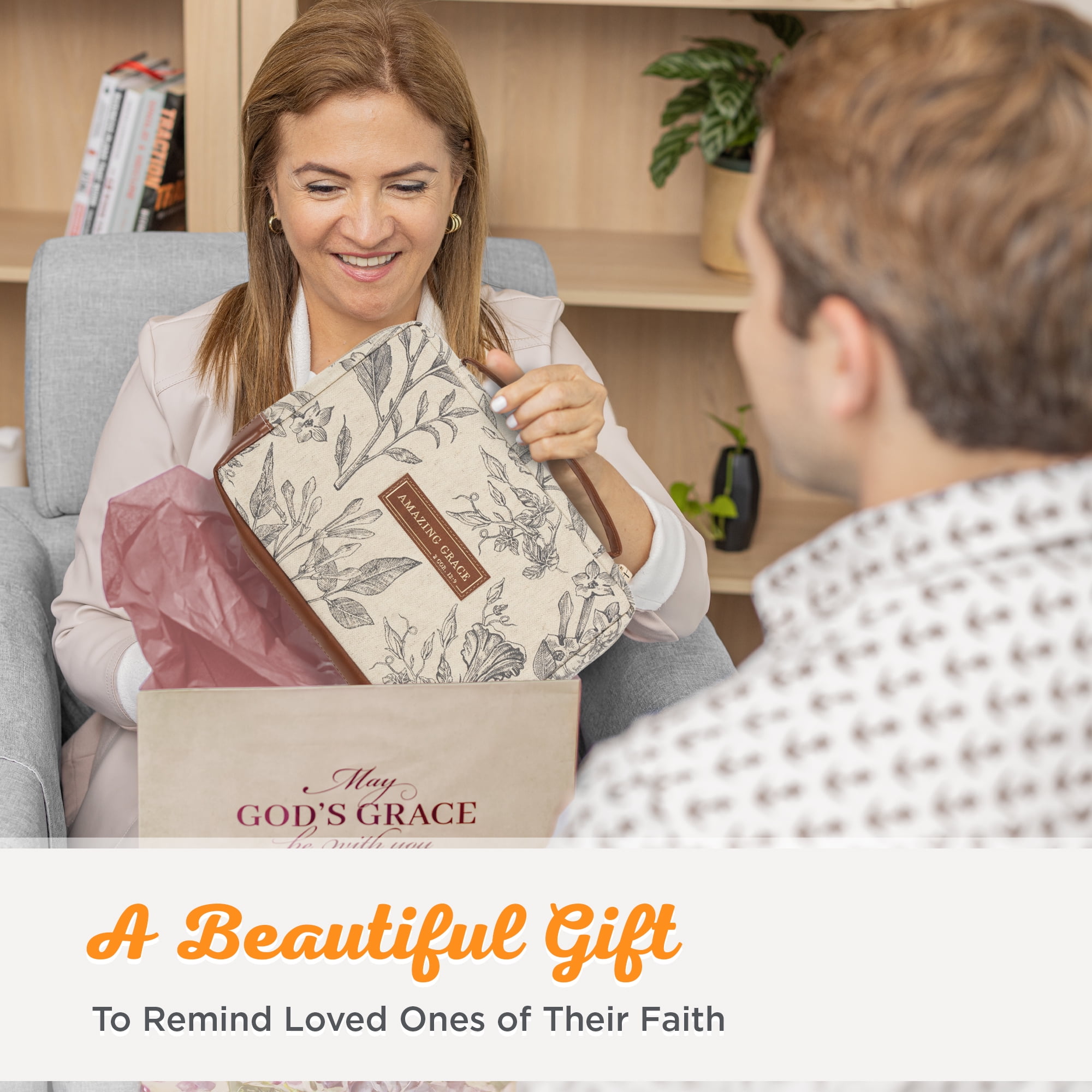 Christian Art Gifts Premium Vegan Leather Fashion Bible Cover for Women: Amazing Grace - 2 Cor. 12 Inspirational Scripture, Sturdy Protective Book Carry Case Bag Accessory, Creamy Brown Floral, Medium