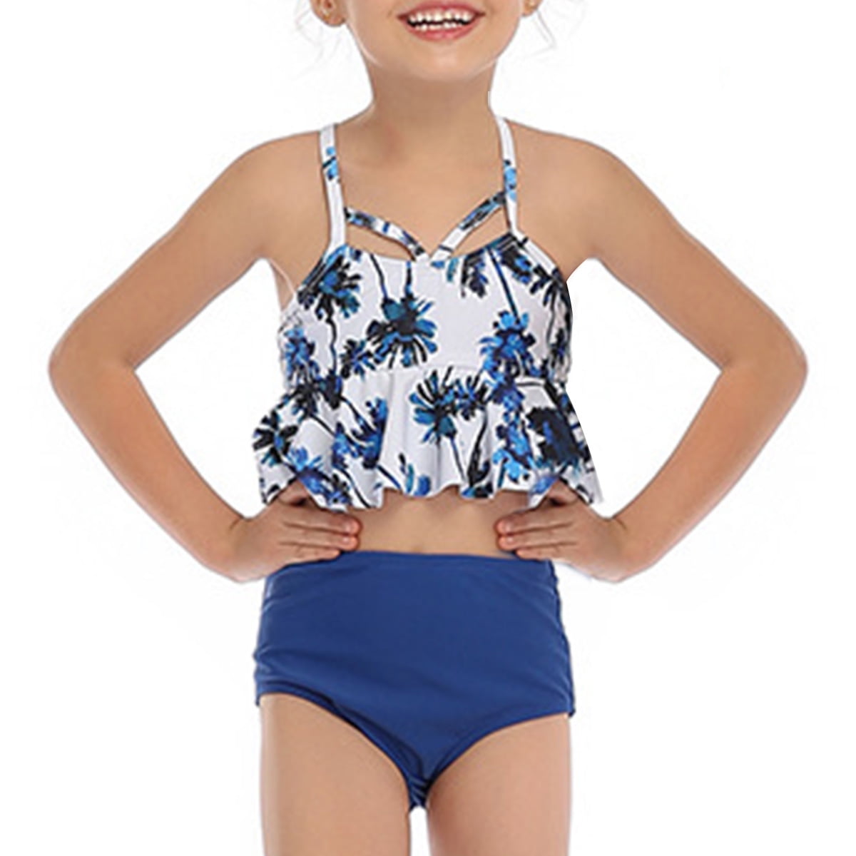 Girls Two Piece Tankini Swimsuit Hawaiian Ruffle Swimwear Bathing Suit Set