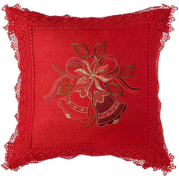 Violet Linen Christmas Braided Holly Lace Pattern, Polyester Burlap Fabric, Lace Border, Embroidered, , Poinsettia - Jingle Bells, 18 Inch x 18 Inch, Decorative Throw Pillow