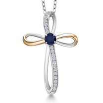 Gem Stone King 925 Silver and 10K Yellow Gold Blue Sapphire and White Lab Grown Diamond Pendant Necklace for Women | 0.48 Cttw | Gemstone September Birthstone | Round 4MM | With 18 inch Chain