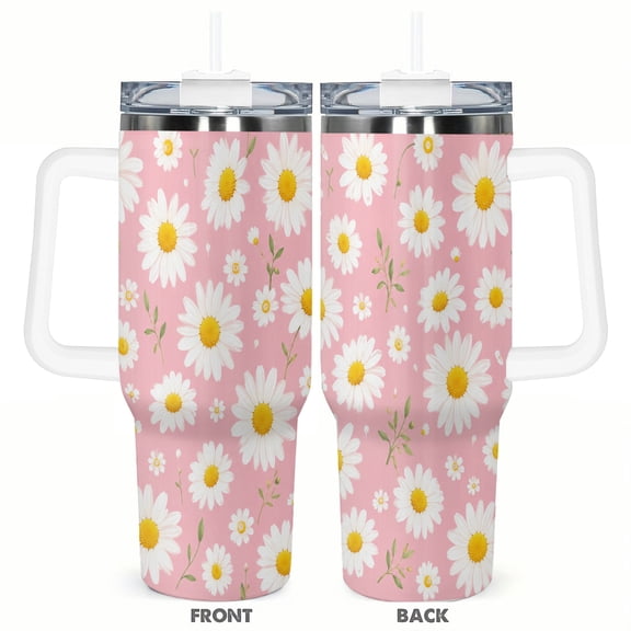 40oz Pink Daisy Floral Watercolor Spring Garden Insulated Tumbler with Handle and Straw Travel Cup Car Cup
