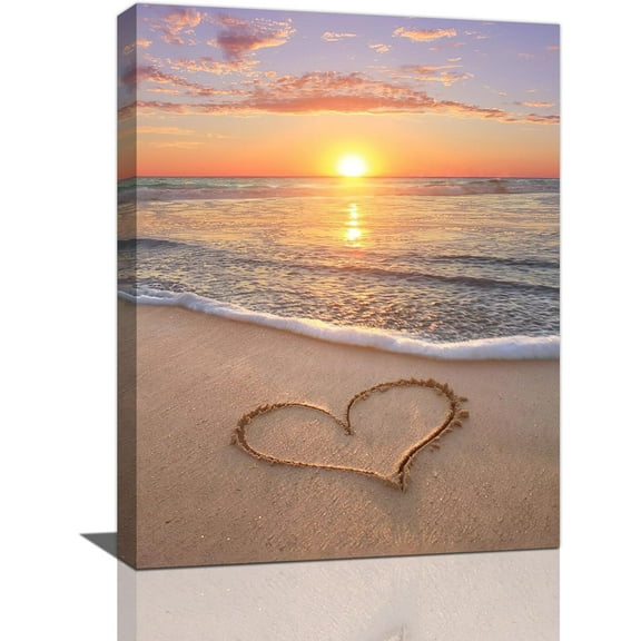 Beach Wall Art Beach Heart Pictures Wall Decor Coastal Sunset Sunrise Canvas Prints Ocean Waves Seascape Painting Modern Artwork Home Decoration for Bathroom Bedroom Living Room 12"x16"
