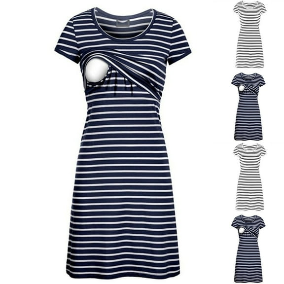 Jacenvly New Dresses for Pregnant Short Sleeve Striped Casual Dresses for Women Lightweight Fashion Round Neck Mid-Length Summer Dresses for Maternity White S