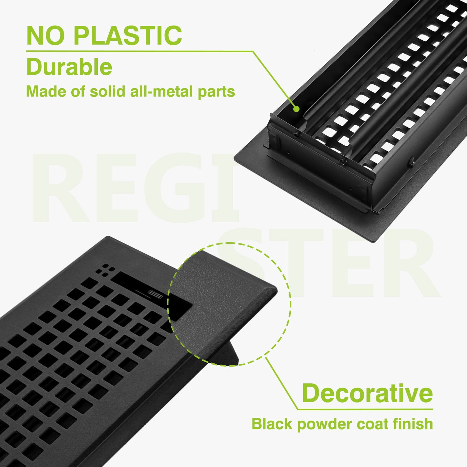 Naiture Louvered Floor Register, Mission Style Stainless Steel with Damper or Lever, Duct Size 4" X 10" (Overall Size 5-1/4" X 11-5/8"), Black Finish