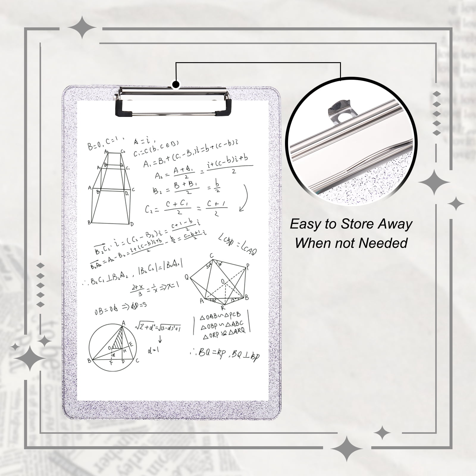 Uxcell Plastic Clip Boards, A4 Size Purple Stylish Clip Boards Glitter Design Cute Clipboards Office Supplies for Restaurant Shop Store Note Memo Card Sign Holder
