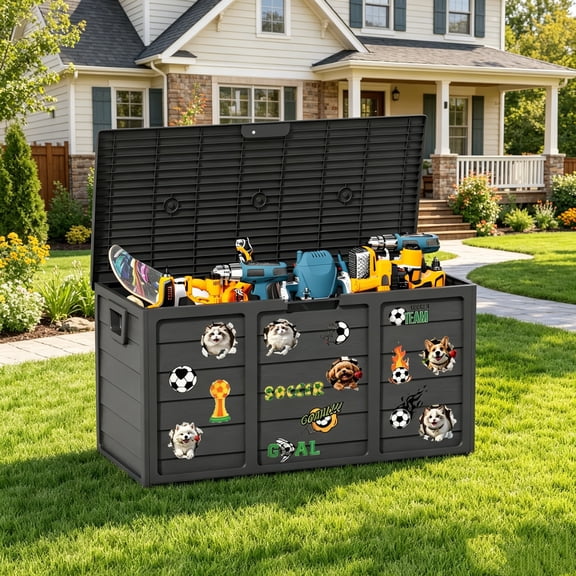 FW 75 Gallon Resin Deck Box Outdoor Storage Box with Stickers for Furniture, Garden Tools, Black