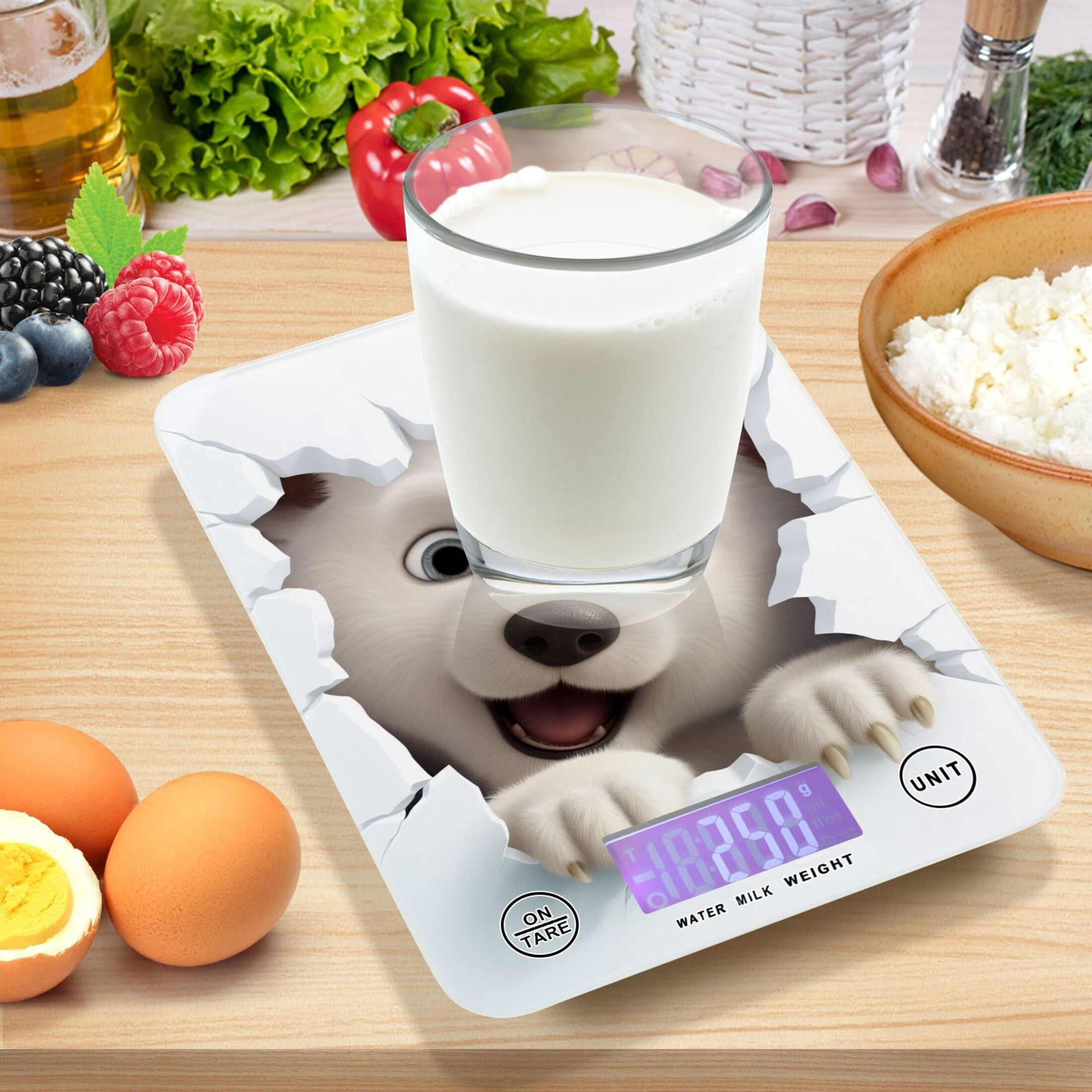 White Bear Face Wall Food Scale Digital Kitchen Scale Waterproof Tempered Glass Tare Function 11 lb for Baking Cooking Meal Prep