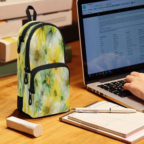 Backpack Pencil Case, 3 Compartment Large Capacity Oxford Fabric Pencil Pouch / Spring Meadow Print