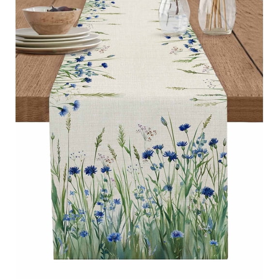 ERUNPONLY Navy Blue Wildflowers Table Runner - 36 Inch Long Pastoral Botanical Floral Beige Cotton and Linen Blended Dress Scarves Farmhouse Table Runner for Kitchen Dining, Coffee Table, 13"x36"