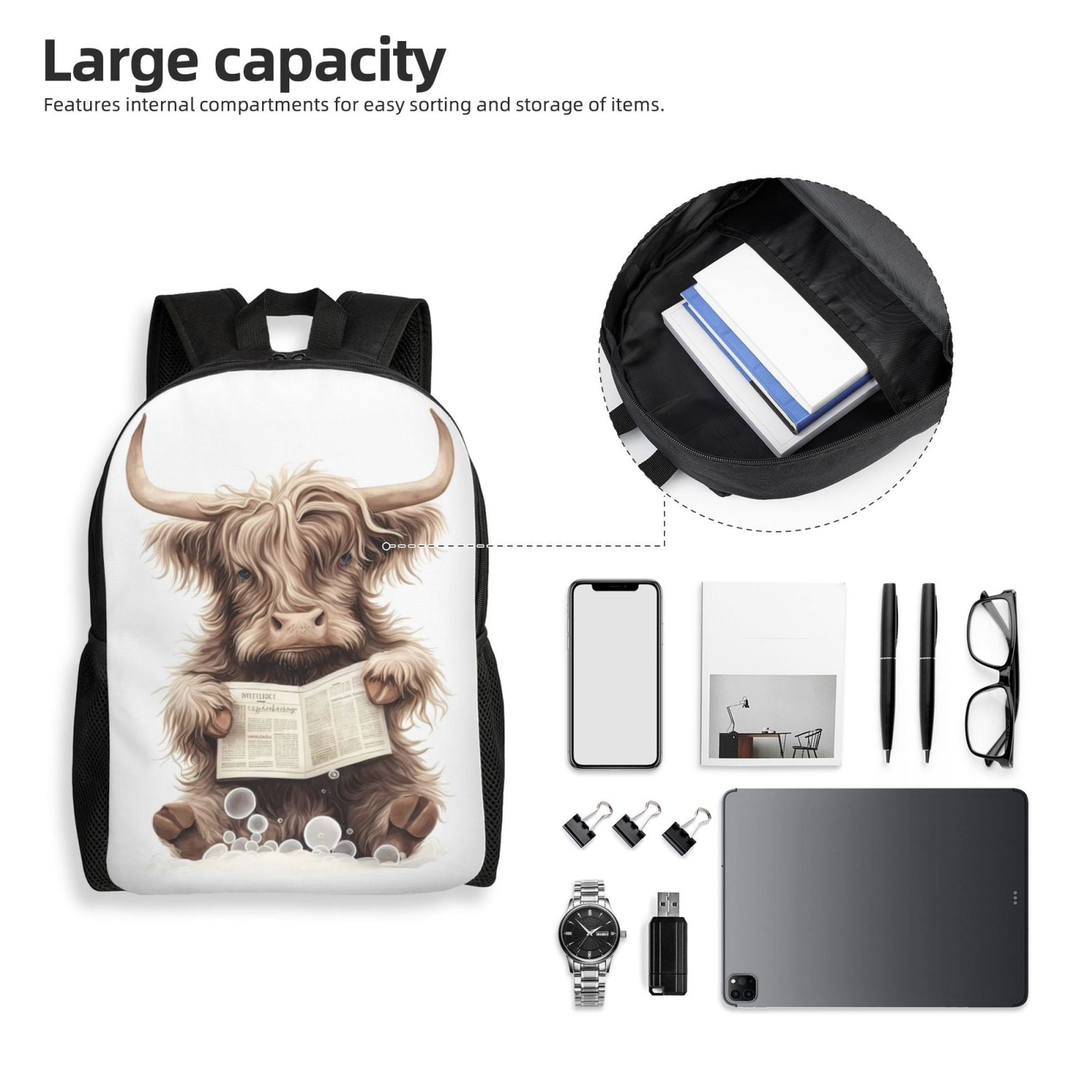 Horeoi Relaxed Cute Cow Reading Print Waterproof 600D Oxford Laptop Backpack for School Travel Work - Lightweight Durable Bag with Adjustable Straps