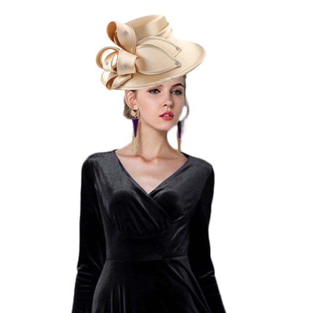 Jiibva Satin Cloth Church Hat Women Wide Brim Hat Elegant Wedding Photography Hat Female Banquet Fancy Fascinator Formal Hat