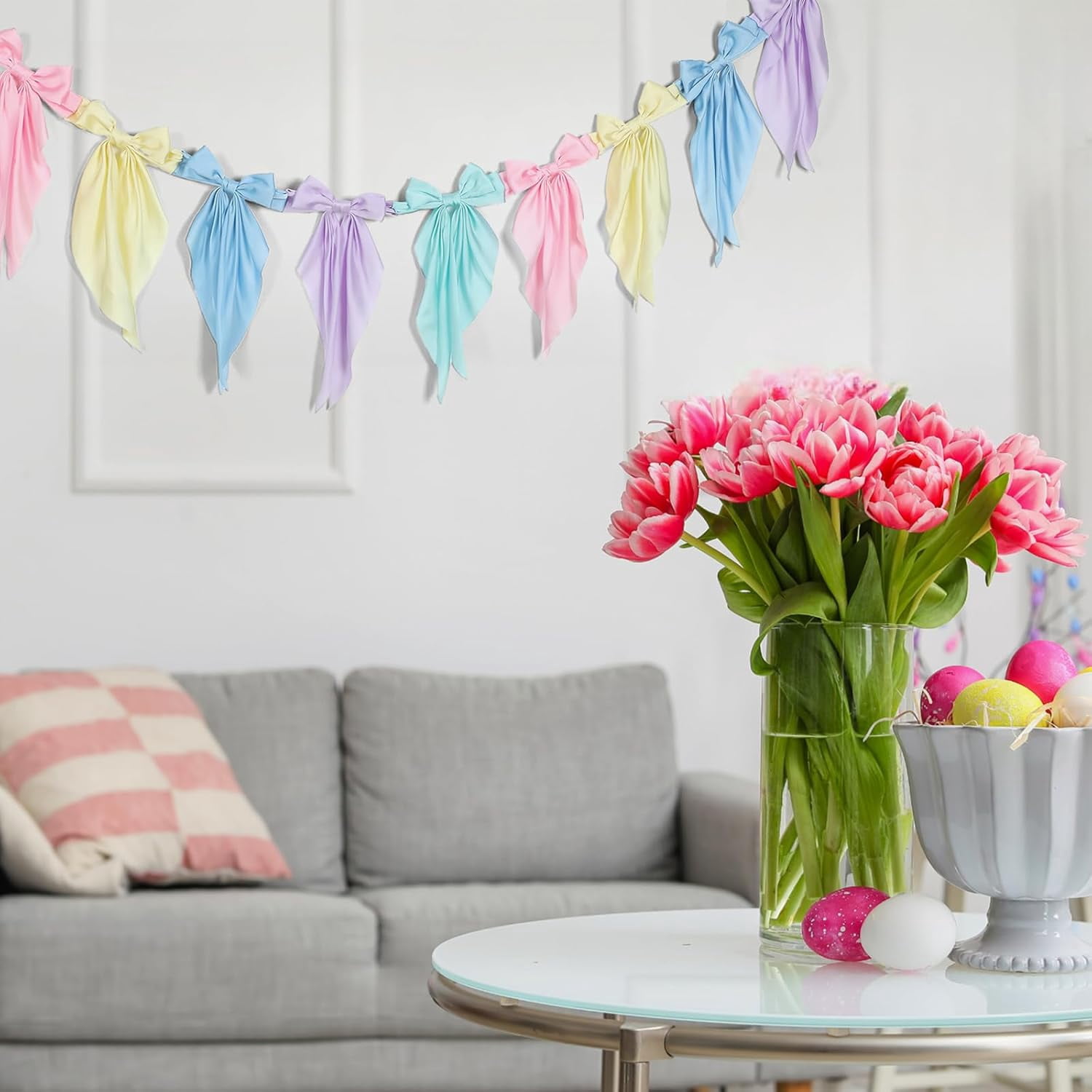 Satmonnus 7.9 FT Easter Pastel Bow Garland Banner - Silk Satin Ribbon Pastel Bow Garland Hanging Party Bow Garland Decoration for Easter Birthday Baby Shower Wedding Party Supplies