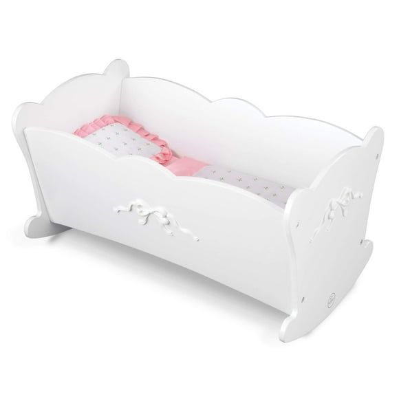 KidKraft Nœud Tiffany Bord Festonné Berceau à Bascule en Bois avec Couette, Coussin et Oreiller - Blanc, Cadeau pour 3 Ans et Plus