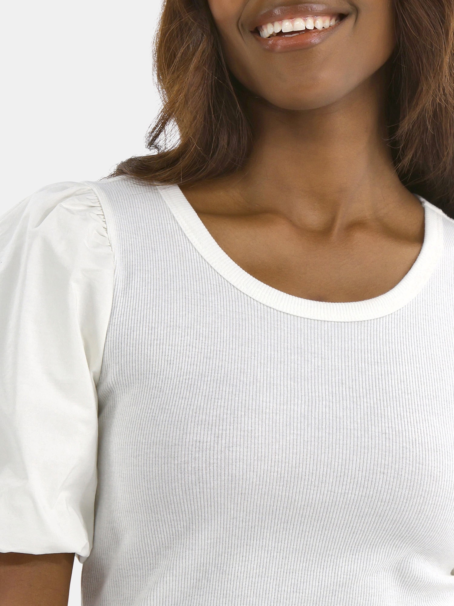 Time and Tru Women's Mixed Media Top with Puff Sleeves, Sizes XS-XXXL