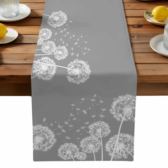 Dandelion Plants Table Runner, Vintage White Dandelions Blossom Flying Fluffy Grey Background Washable Kitchen Table Runners Dress Scarves for Dining Table Decorations Party, 13x108in