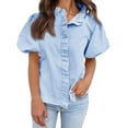 thumbnail image 2 of Endives Womens Short Sleeve Shirt Summer Fashion Ruffled Collar Striped Printed Casual Button Down Shirt Summer Sky Blue, 2 of 4