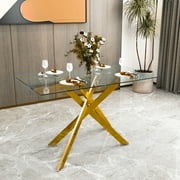 51.18 Rectangular Glass Dining Table, Holaki Modern Tempered Glass Kitchen Table with Sturdy Metal Legs, Dinning Room Table for Home Dinner, Gold