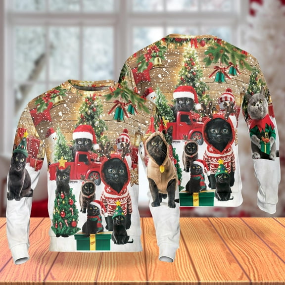 Black Cat Christmas Sweatshirt, Cute Cats in Santa Hats Festive Scene Crewneck, Holiday Pullover for Cat Lovers Men Women