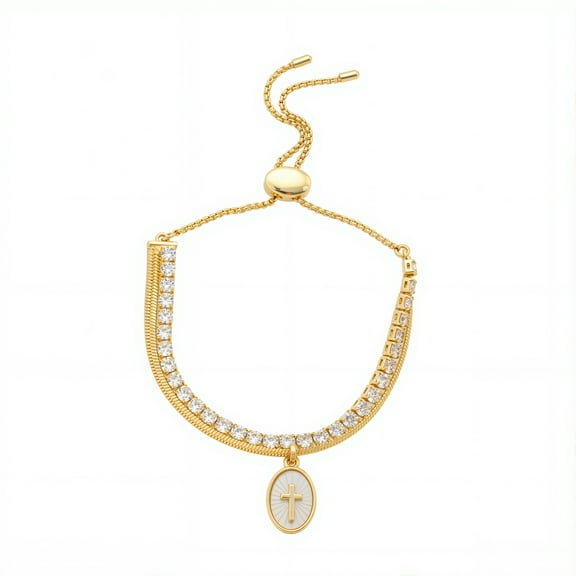 Believe by Brilliance Women's 14Kt Gold Flash Plated Cubic Zirconia and Mother of Pearl Cross Layered Adjustable Bolo Bracelet