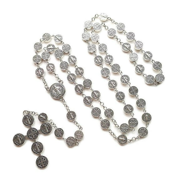 Saint Benedict Vintage Silver Metal Cross Rosary Necklace Catholic Prayer